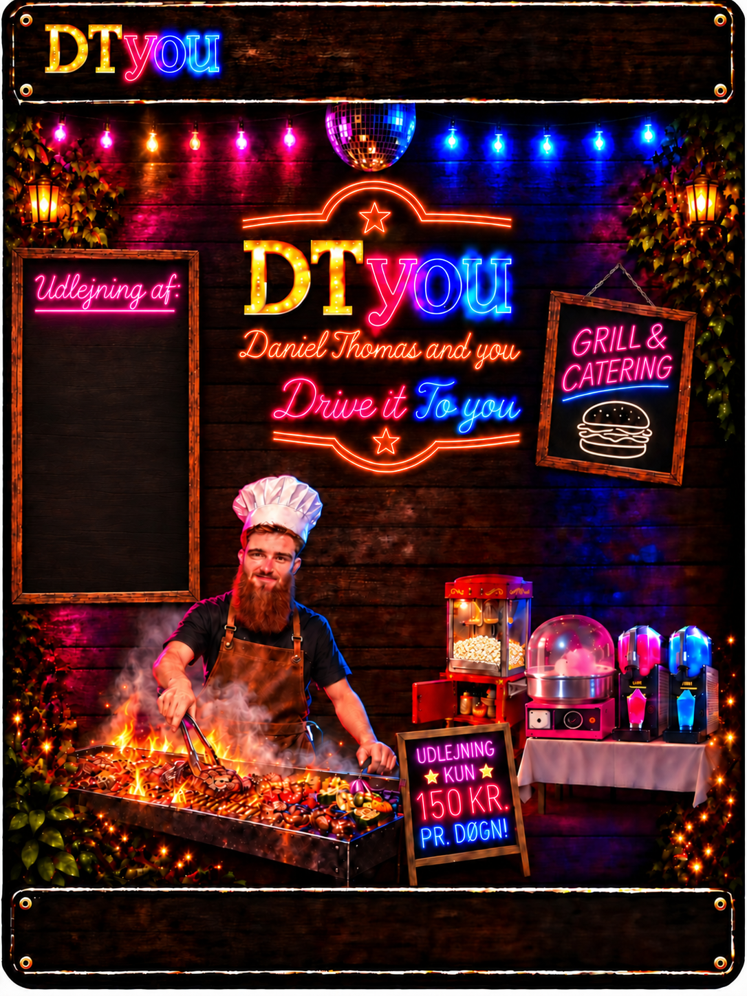 DTyou – Daniel Thomas and you. Festlys, grill og festmaskiner. Udlejning fra plakaten: 150 kr. pr. døgn.